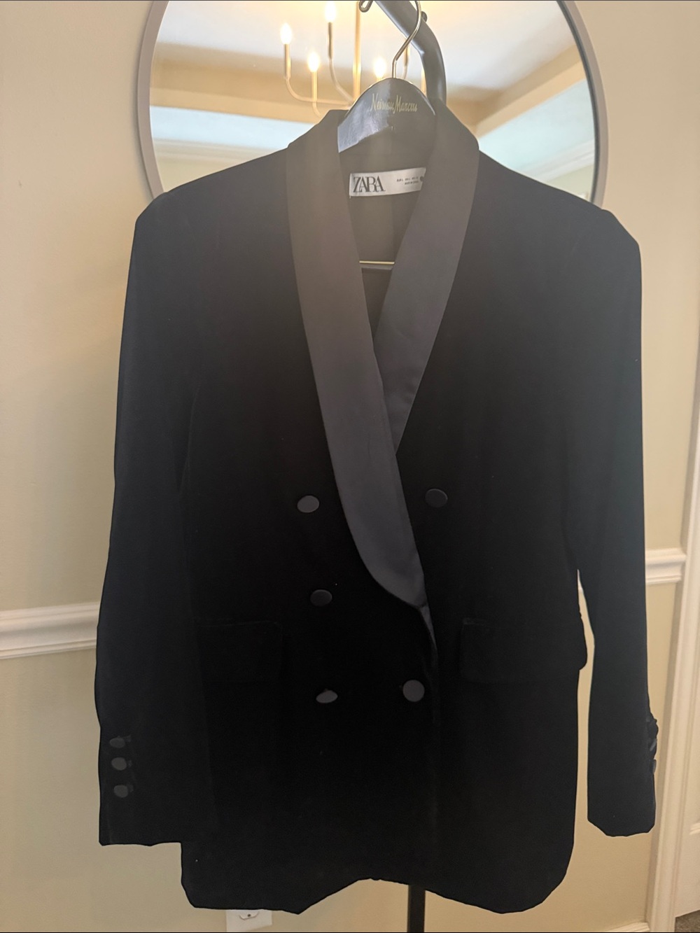 Zara Black Velvet Double-Breasted Tuxedo Blazer